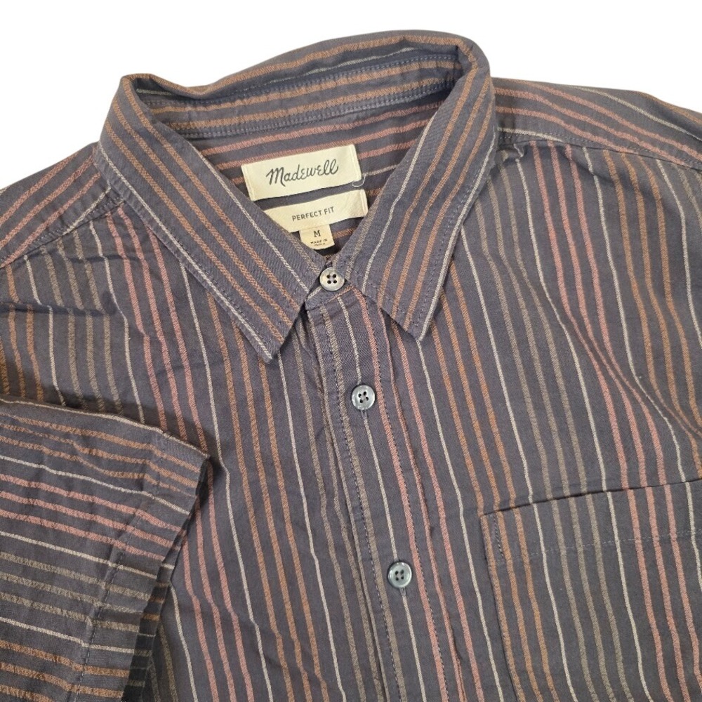 Madewell Mens M Short Sleeve Button Down Shirt Charcoal‎ Rust Striped Seersucker